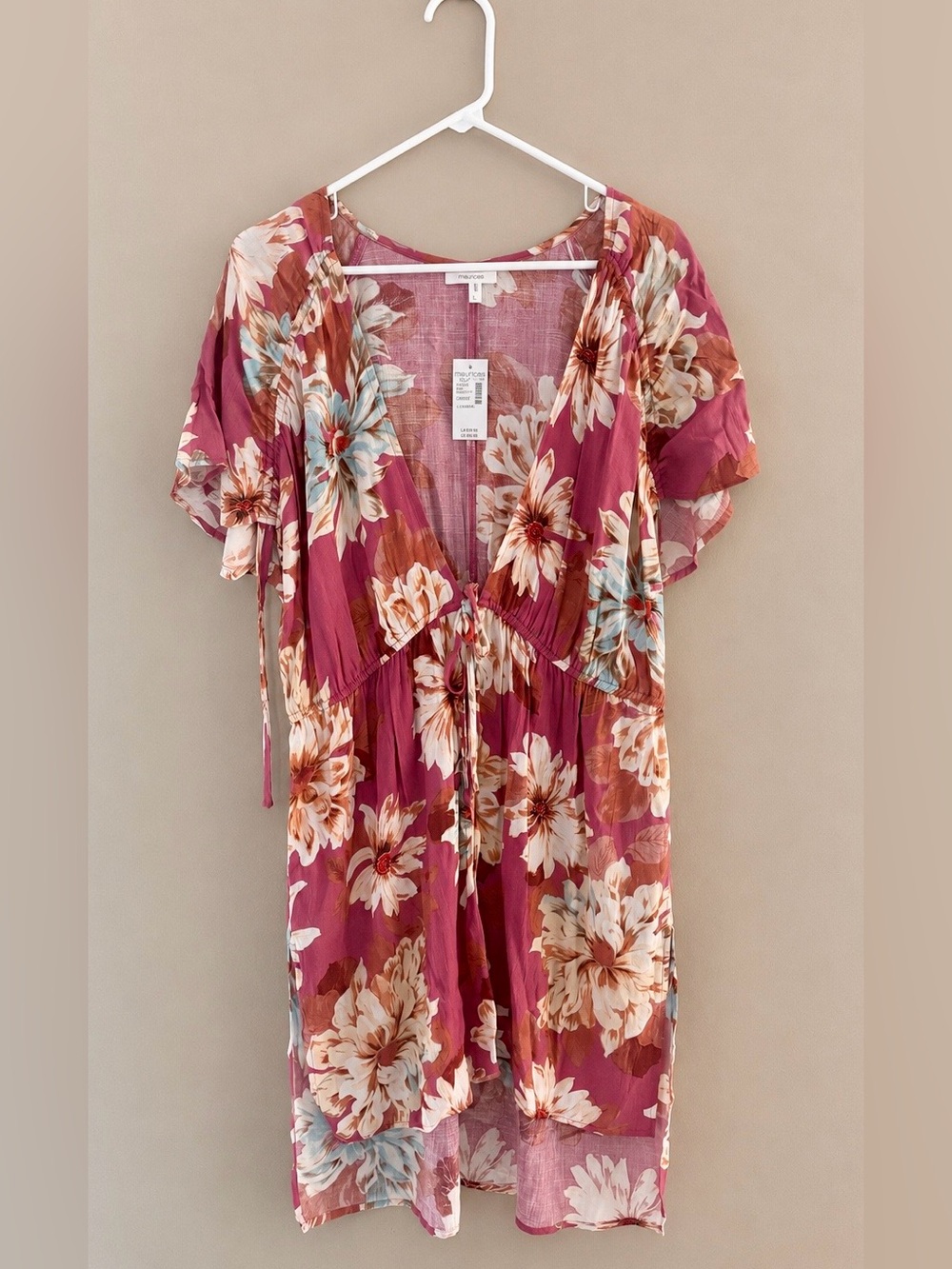 Maurices Pink Floral Boho Kimono Cover Up Tie Front Large NWT